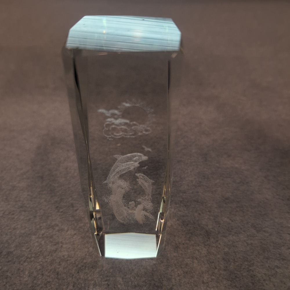 Crystal Glass Paperweight Dolphin Sun Cloud Etched Sculpture Art - Picture 1 of 4